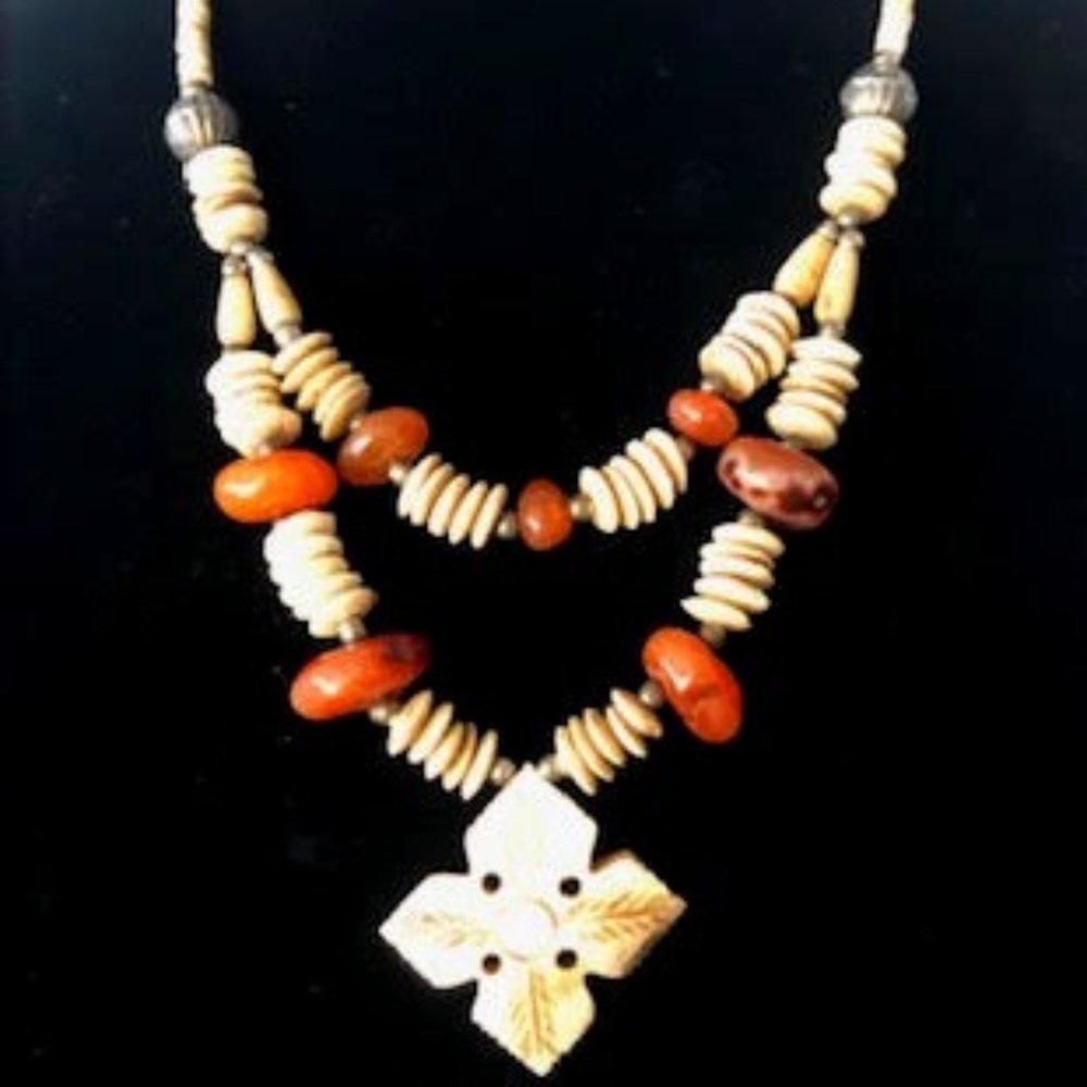 Ivory Pendant on 20" Necklace Agate & Silver beads